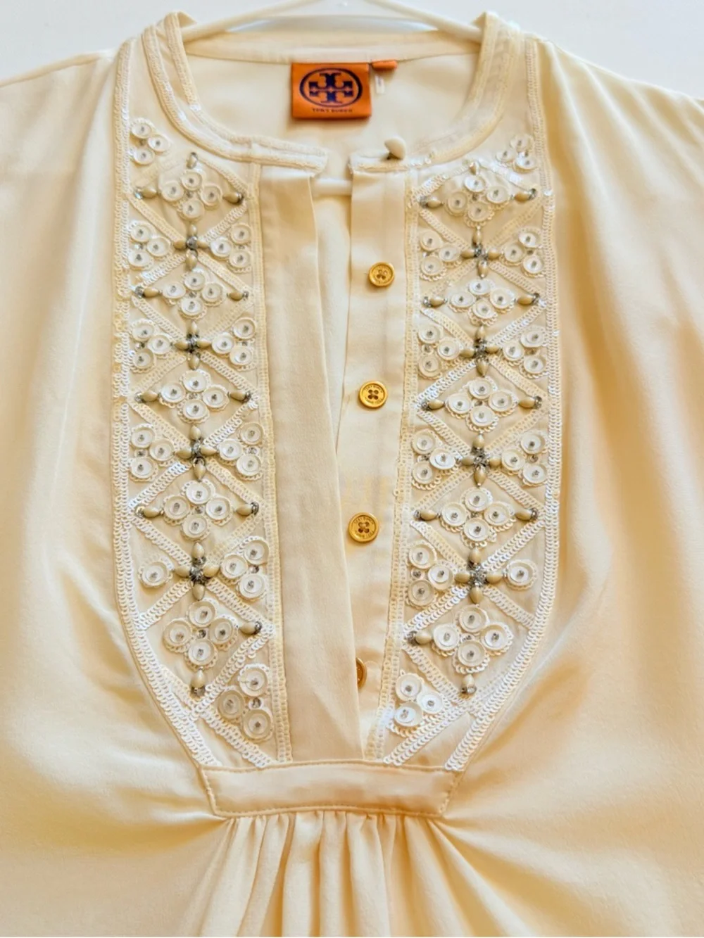 Tory Burch Cream Embellished Long-Sleeve Tunic Top